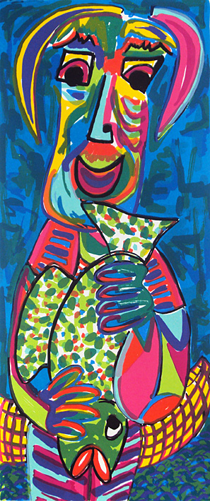 Screenprint Hooked by Twan de Vos, proud fisherman hhooked a fish, he is proud