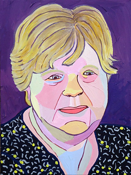 Portret van vrouw van 65, acryl op doek, schilderij, kado van haar man