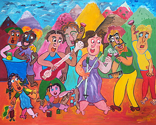 schilderij van een familie die feest viert geschilderd door de gasten op een huwelijk